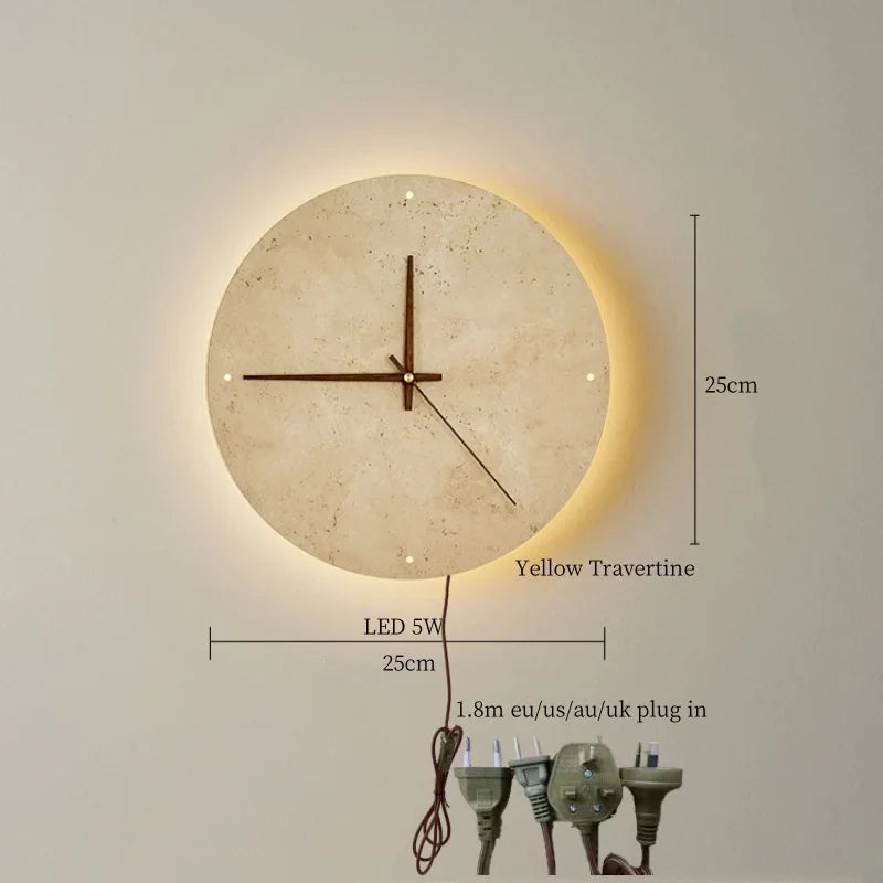 Afralia™ Vintage Wabi Sabi Yellow Travertine LED Wall Clock for Home and Bedroom
