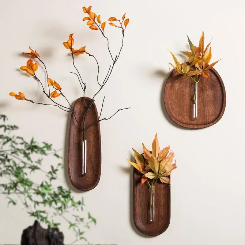 Afralia™ Wooden Wall-Mounted Flower Vase | Geometric Walnut Hydroponic Decor