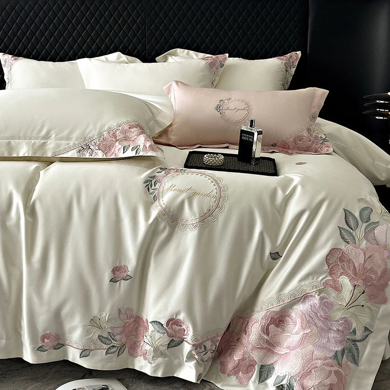 Afralia™ French Flowers Embroidery Luxury Bedding Set in 1000TC Egyptian Cotton
