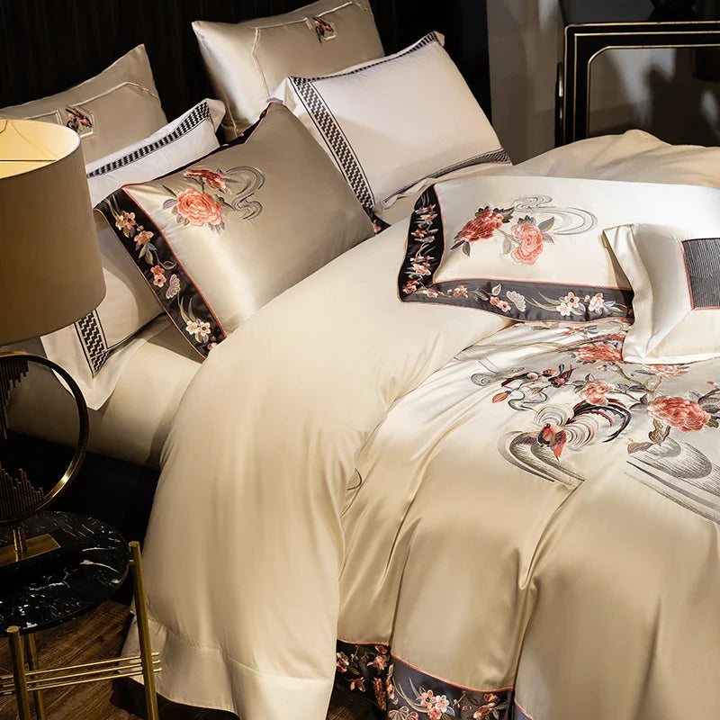 Afralia™ Champagne Flowers Embroidery Luxury Bedding Set - Satin Brocade Cotton Bedding