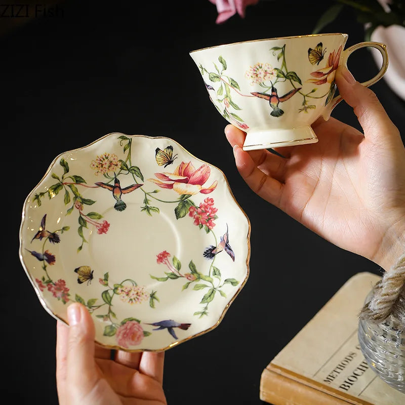 Afralia™ Ceramic Floral Bird Cup & Saucer Set for Dining Table and Coffee - 18 Word Limit