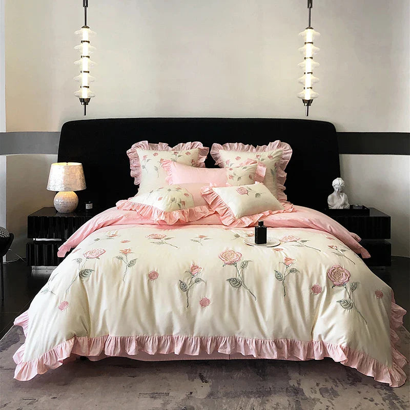 Afralia™ Vintage Pink Red Rose Flowers Embroidery Bedding Set with Ruffles