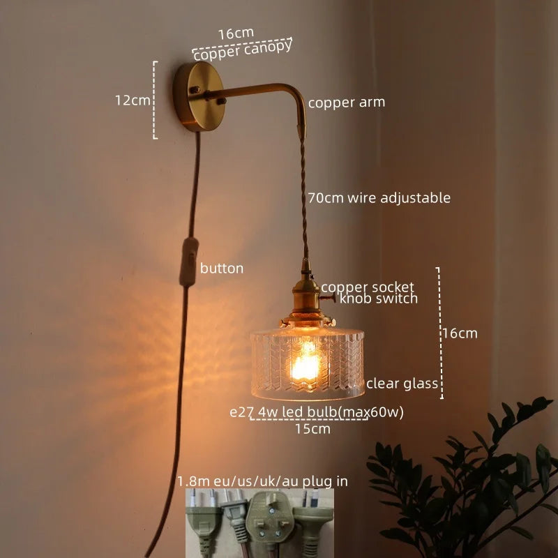 Afralia™ Vintage Green Glass Copper LED Wall Lights Pull Chain Switch Hallway Bedroom Balcony Wall Lamp