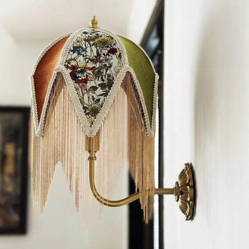Afralia™ Fabric Tassel LED Wall Lamp Vintage Copper Arm for Bedroom Living Room