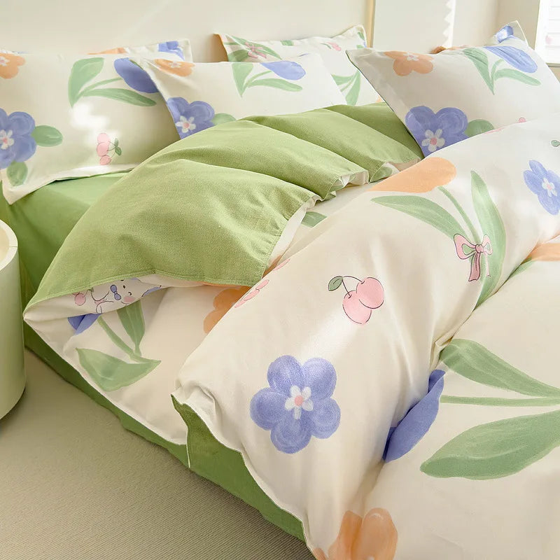 Afralia™ Cozy Flower Print Bedding Set: Brushed Cotton, Skin-Friendly, Soft, Thick, 4Pcs