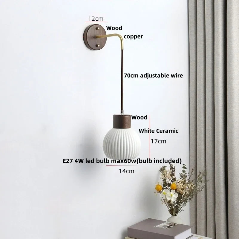 Afralia™ Nordic LED Wall Sconce Pull Chain Switch Ceramic Wood Mirror Light