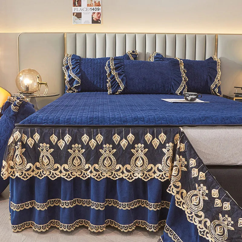 Afralia™ Velvet Bedding Set with Gold Lace Ruffles, Removable Bed Skirt & Pillowcase