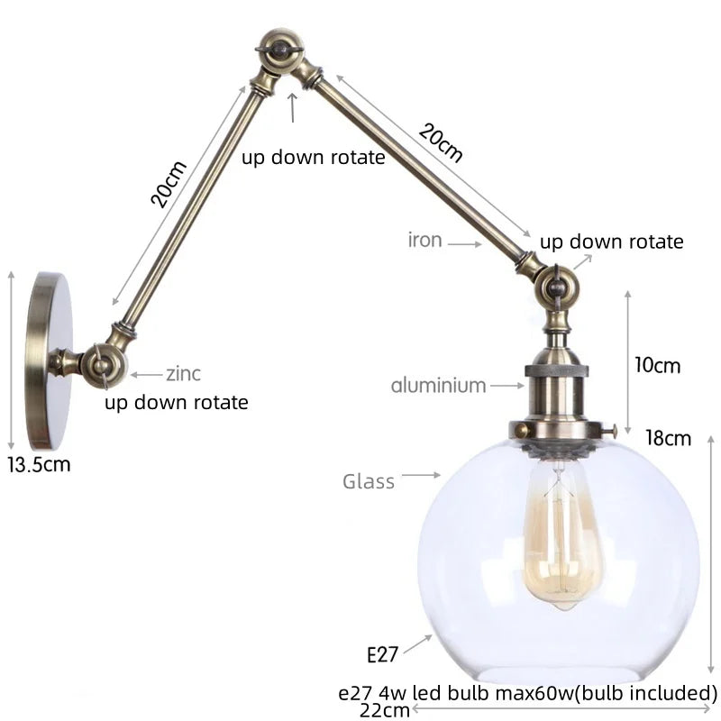 Afralia™ Loft LED Industrial Swing Arm Lamp with Clear Glass Mirror Light