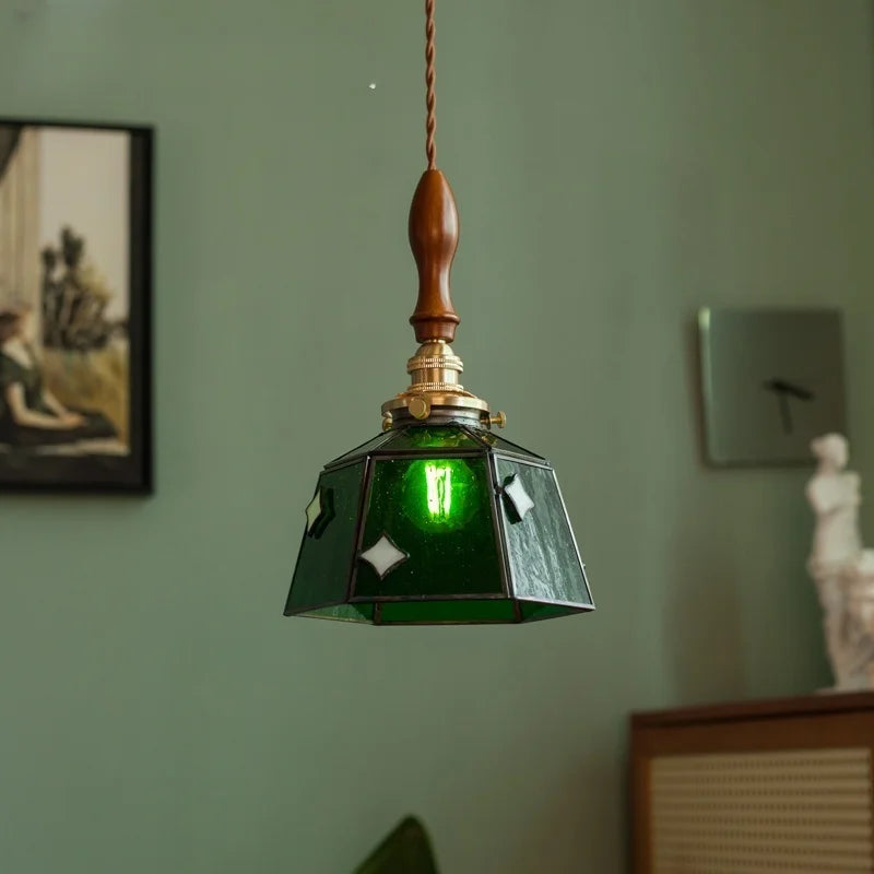 Afralia™ Vintage Glass Copper Wood LED Pendant Lights for Bedside Dining Living Room