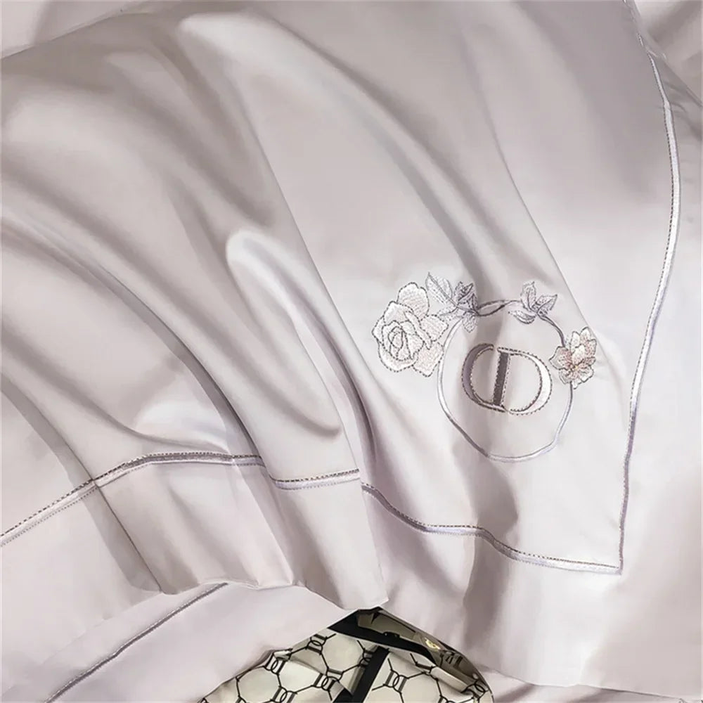 Afralia™ Pale Mauve Flowers Embroidery 1000TC Egyptian Cotton Bedding Set - Queen King Size