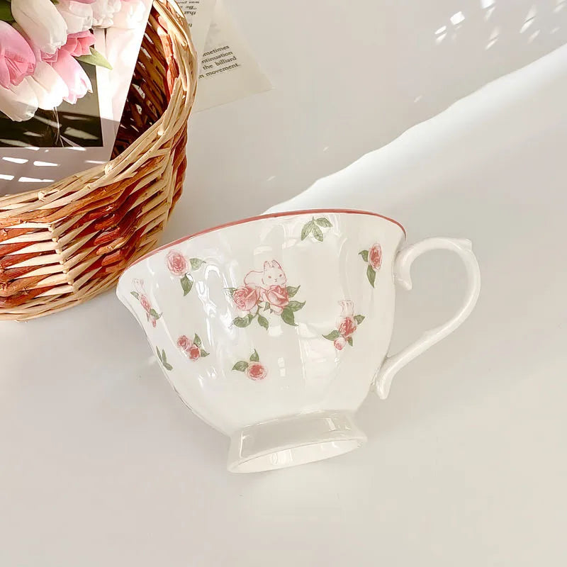 Afralia™ Pink Rose & Rabbit Ceramic Coffee Cup Set - 250ml