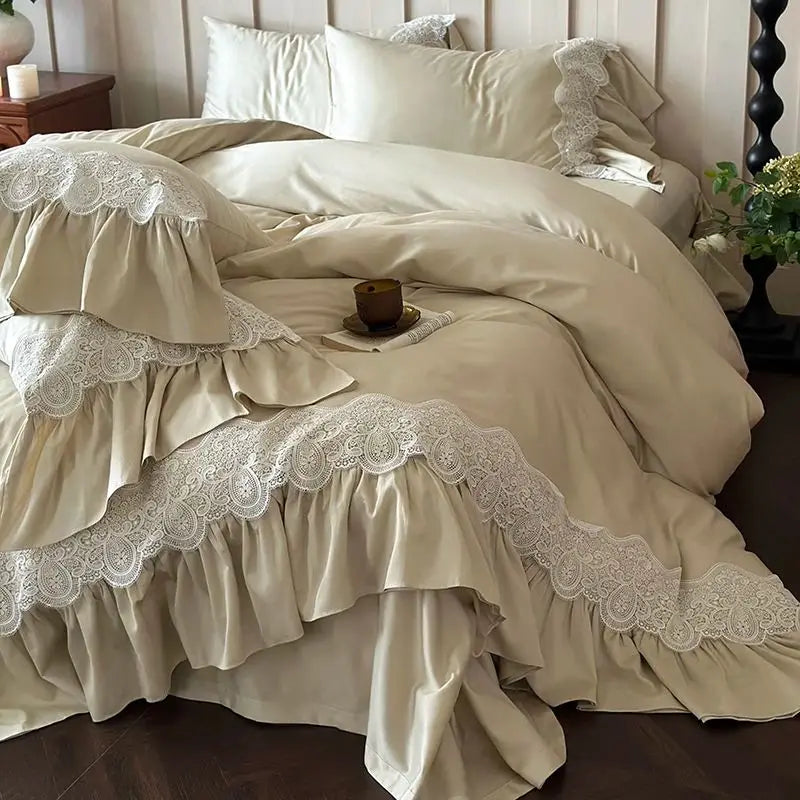 Afralia™ French Lace Ruffle Princess Wedding Bedding Set with Brushed Duvet Cover & 2 Pillowcases