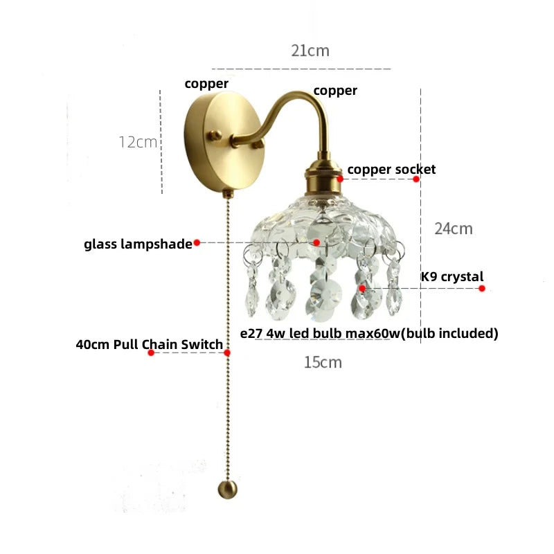 Afralia™ Crystal Vintage LED Wall Lights Pull Chain Switch Luxury Copper E14 Stair Light