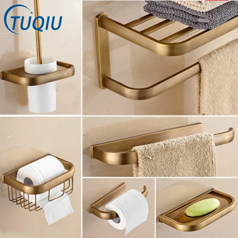 Afralia™ Antique Bronze Bathroom Accessory Set: Shelf, Towel Rack, Holder, Brush, Hanger, Hook