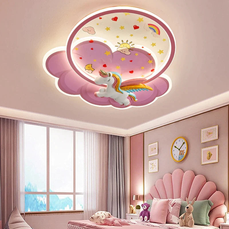 Afralia™ Unicorn Pink LED Ceiling Chandelier for Princess Nursery Room.