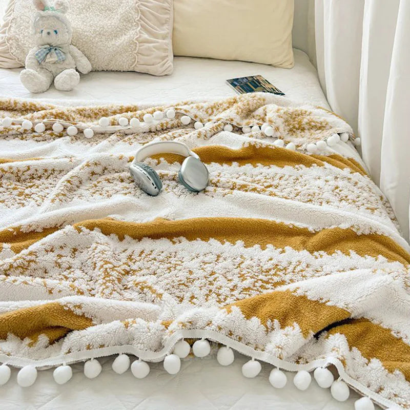 Afralia™ Jacquard Fluffy Ball Lace Blanket | Double Sided Fluff Warm Sofa Cover