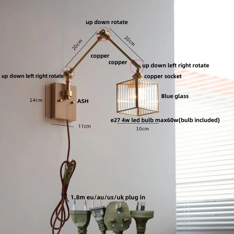 Afralia™ Ash Wood LED Swing Arm Wall Light with Pull Chain Switch & Blue Glass