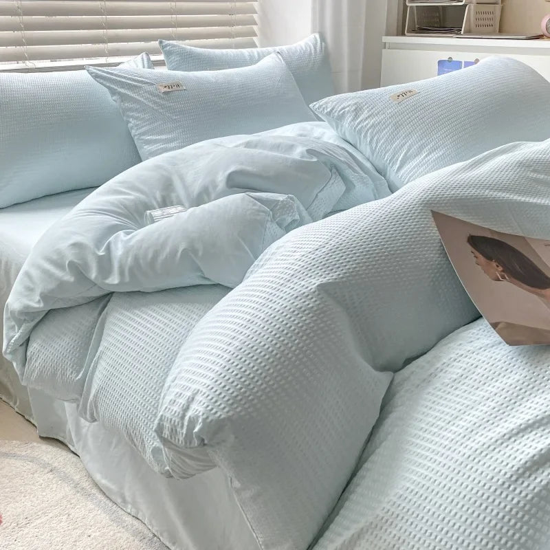 Afralia™ Soft Waffle Comforter Set with Printed Fitted Sheet for Single Double Beds