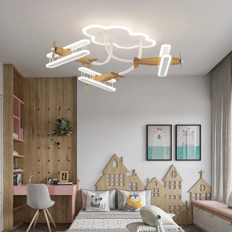 Afralia™ Cartoon Plane Chandelier Light Kids Room Ceiling Lamp Remote Control