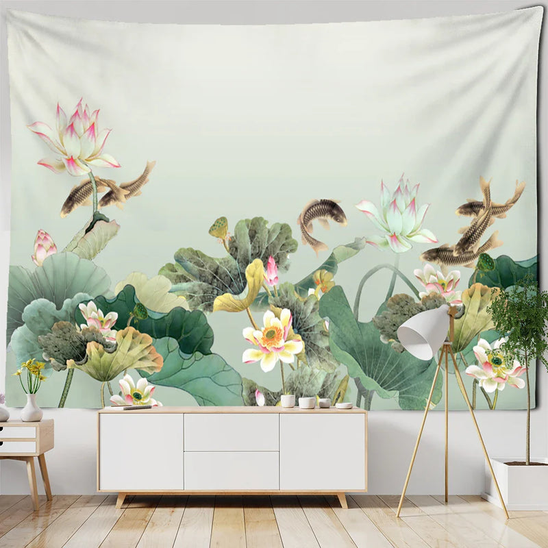 Afralia™ Koi Lotus Ink Tapestry Wall Hanging - Bohemian Aesthetics Home Decor