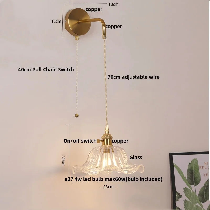 Afralia™ Copper LED Glass Wall Sconce with Pull Chain Switch for Living Dining Room
