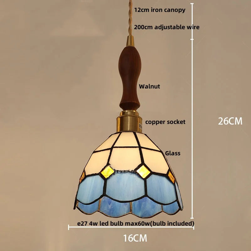 Afralia™ Walnut Wood LED Pendant Light Fixture with Colorful Glass Hang Lamp