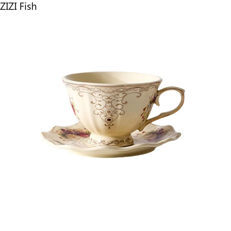 Afralia™ Lace Edge Flower Ceramic Cup & Saucer Set - Gold-plated Teacup for Dining Table
