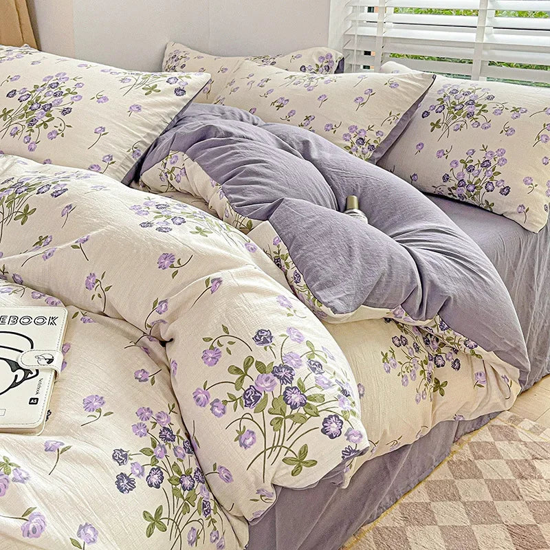 Afralia™ Cotton Flower Printed Comforter Set: Breathable Double-Layer Yarn, Soft Bedding for Girls