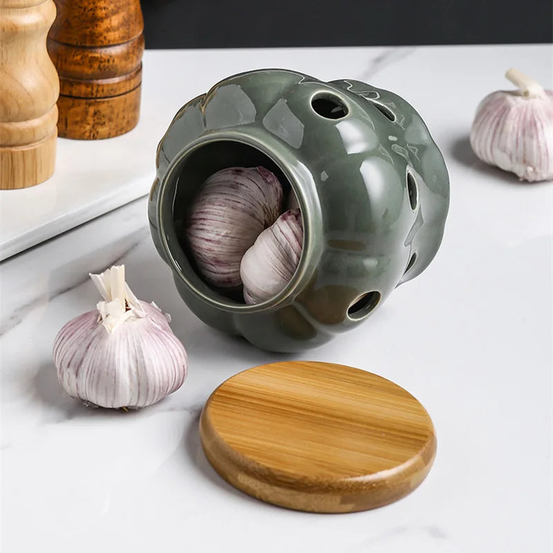 Afralia™ Ceramic Garlic Storage Jar with Lid, Hollow Openwork Design