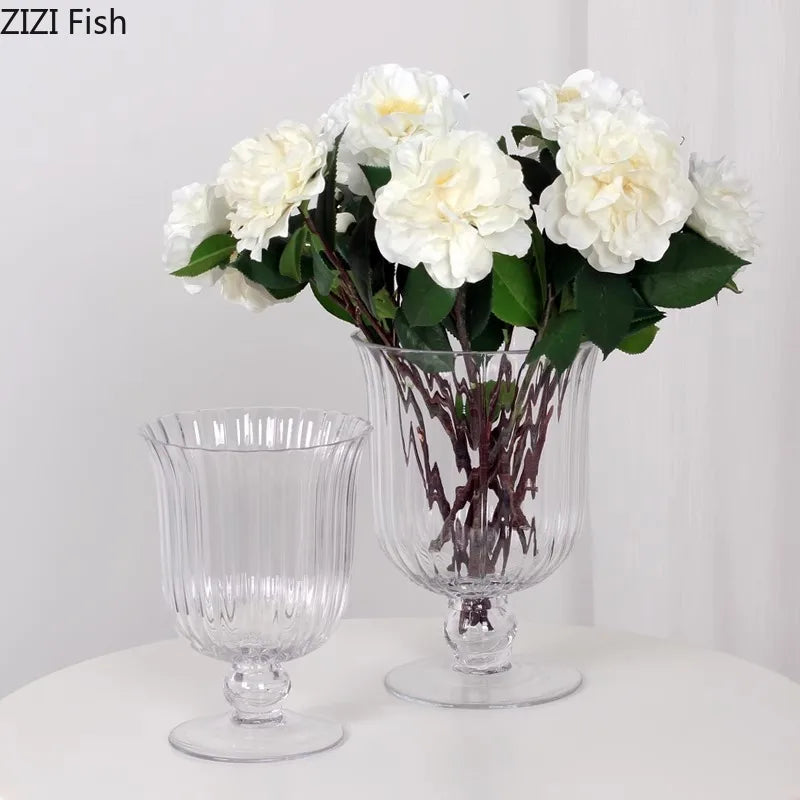 Afralia™ Tall Cup Glass Vase with Artificial Flowers for Desk Decoration