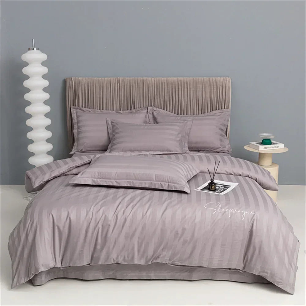 Afralia™ Nordic Grey Stripes Egyptian Cotton Bedlinens Set for Queen King Size