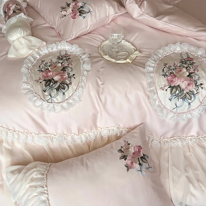 Afralia™ Pink Flowers Lace Ruffles Wedding Bedding Set 1000TC Egyptian Cotton Décor