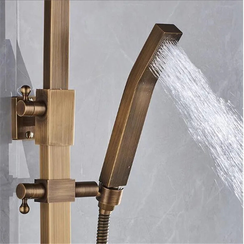 Afralia™ Square 8" Antique Brass Bathroom Shower Faucet Mixer Set - Rainfall Shower Head