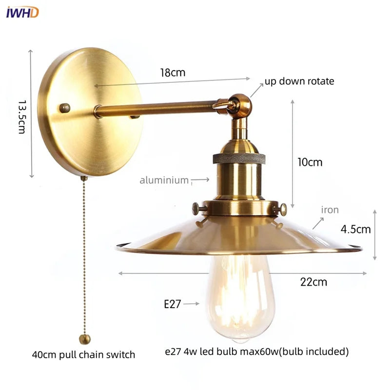 Afralia™ Loft LED Wall Lamp Gold Pull Chain Switch Industrial Luminaire
