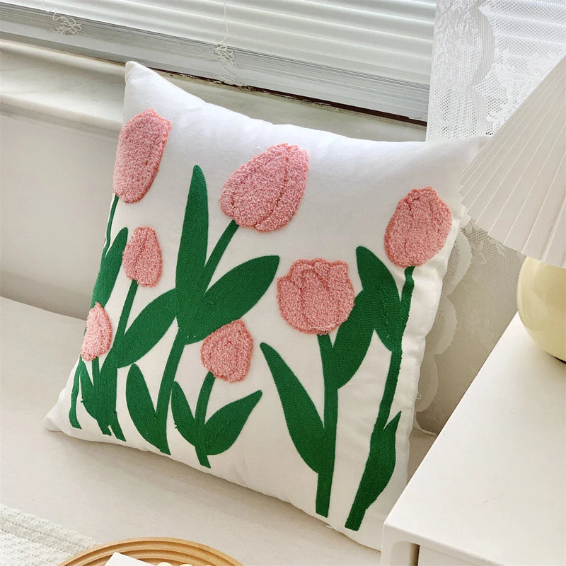 Afralia™ Embroidered Tulip Rose Pillowcase in Cotton & Linen for Sofa & Hotel Décor