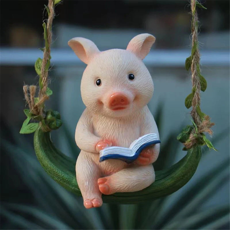 Afralia™ Reading Sculpture: Rabbit Frog Dog Turtle Statue Home Garden Hanging Decor