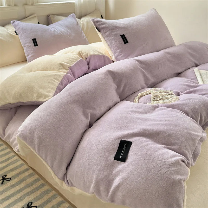 Afralia™ Coral Color Blocked Velvet Single Duvet Cover for Winter