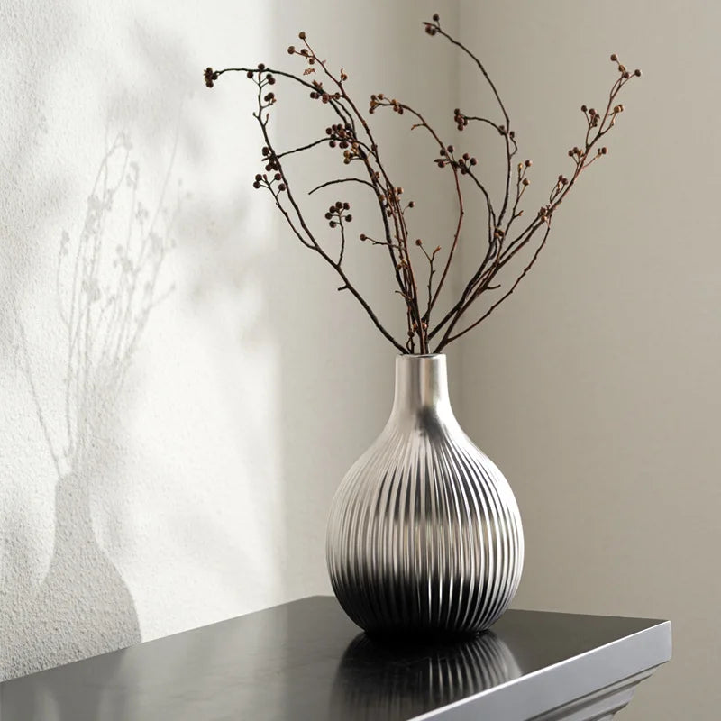 Afralia™ Silver Ceramic Vase with Fruits and Geometric Stripes