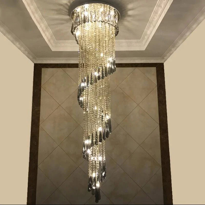 Afralia™ Smoky Gray Crystal LED Chandelier: Luxury Long Stairway & Corridor Lighting