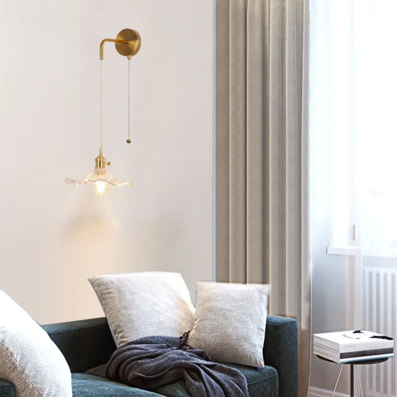 Afralia™ Copper LED Glass Wall Sconce with Pull Chain Switch for Living Dining Room