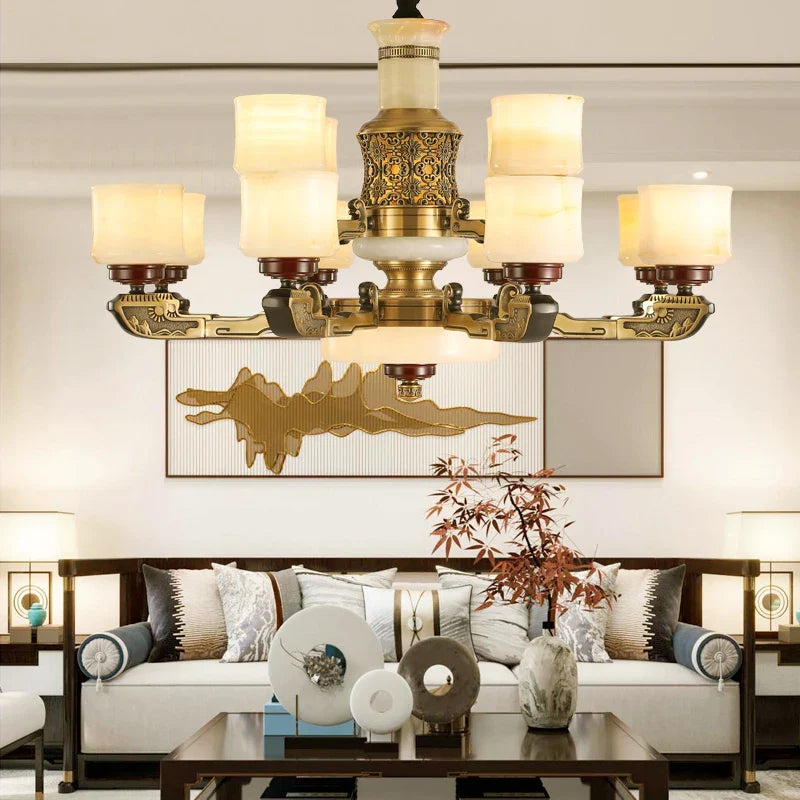 Afralia™ Luxury Copper Marble Chandelier for Living Room in New Chinese Style