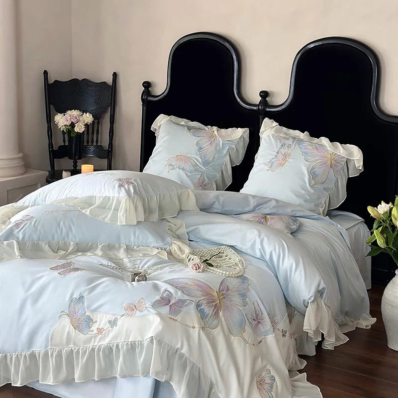 Afralia™ French Lace Butterfly Embroidery Bedding Set in 100S Egyptian Cotton