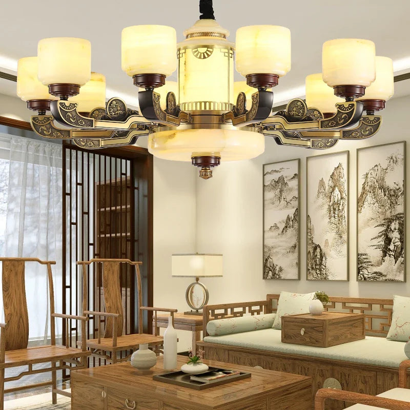 Afralia™ All Copper Jade Chandelier | Chinese Style Living Room Dining Room Lighting