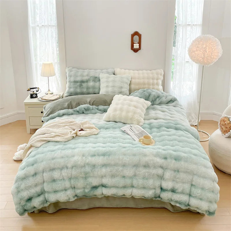 Afralia™ Velvet Fleece Princess Bedding Set in Pink Purple Grey Gradient, Luxury Duvet Cover & Faux Rabbit Fur