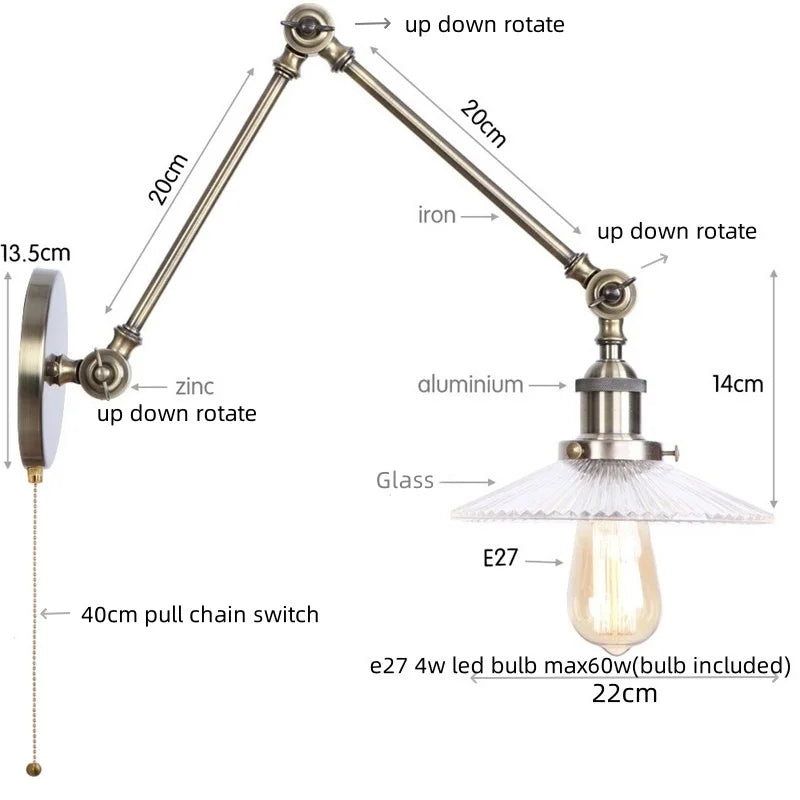 Afralia™ Vintage Clear Glass LED Wall Lamp, Industrial Pull Chain Switch, Adjustable Light Fixtures