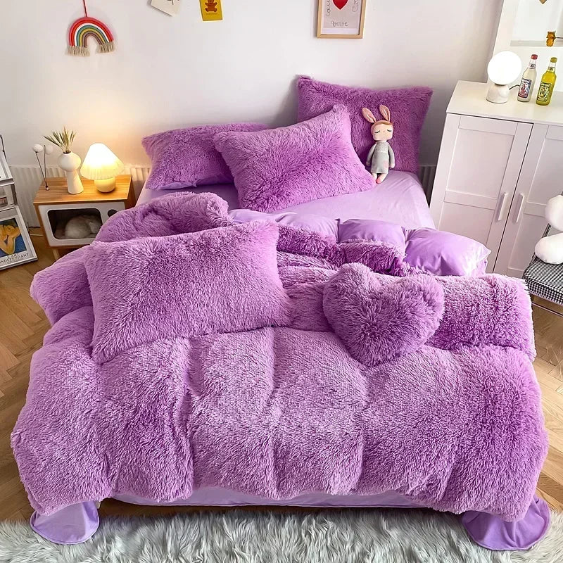 Afralia™ Fluffy Faux Fur Bedding Set: Duvet Cover, Sheet, Pillowcase - Soft & Warm