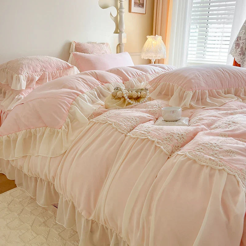Afralia™ Pink Chiffon Lace Ruffles French Princess Bedding Set - 6-Piece Queen Size
