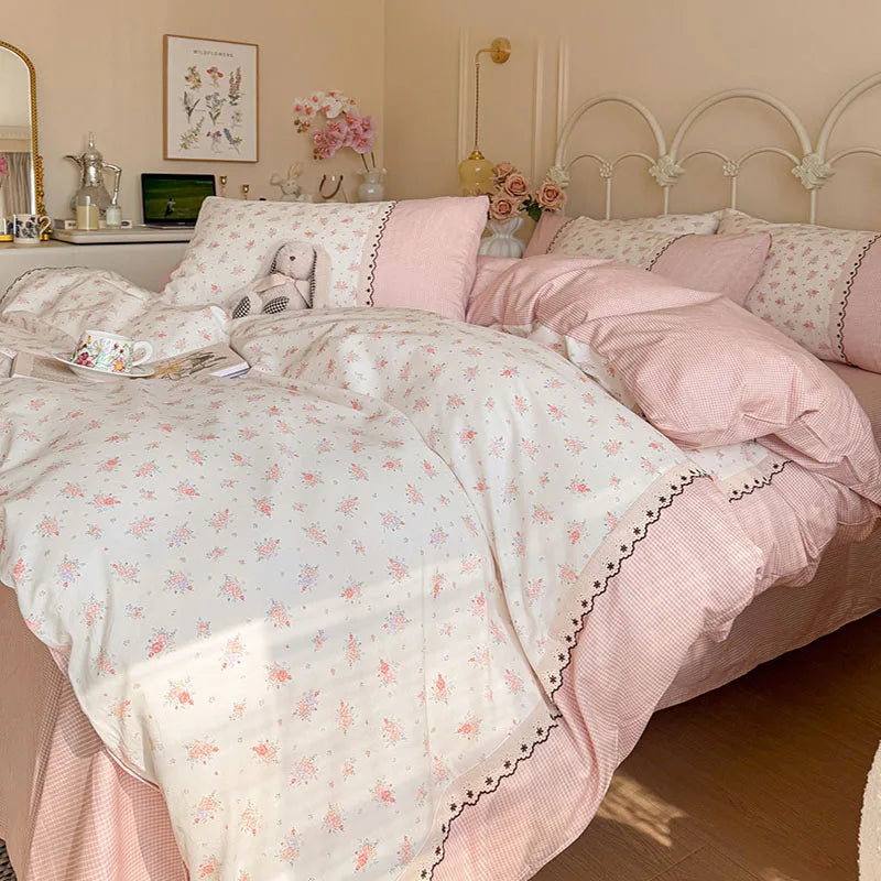 Afralia™ Floral Embroidery Lace Bedding Set Full Double Size Skin Friendly Cotton