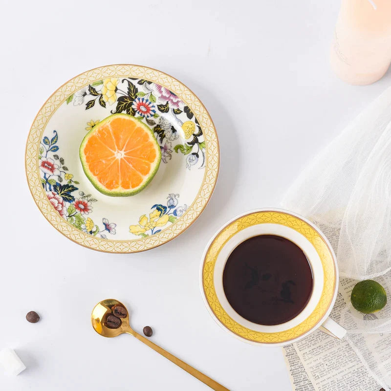 Afralia™ Bone China Flower Coffee Cup Saucers Set, Elegant Pastoral Tea Time Essentials