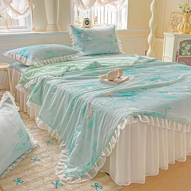 Afralia™ Floral Print Lace and Ruffle Summer Quilt: Skin-Friendly, Breathable Comforter